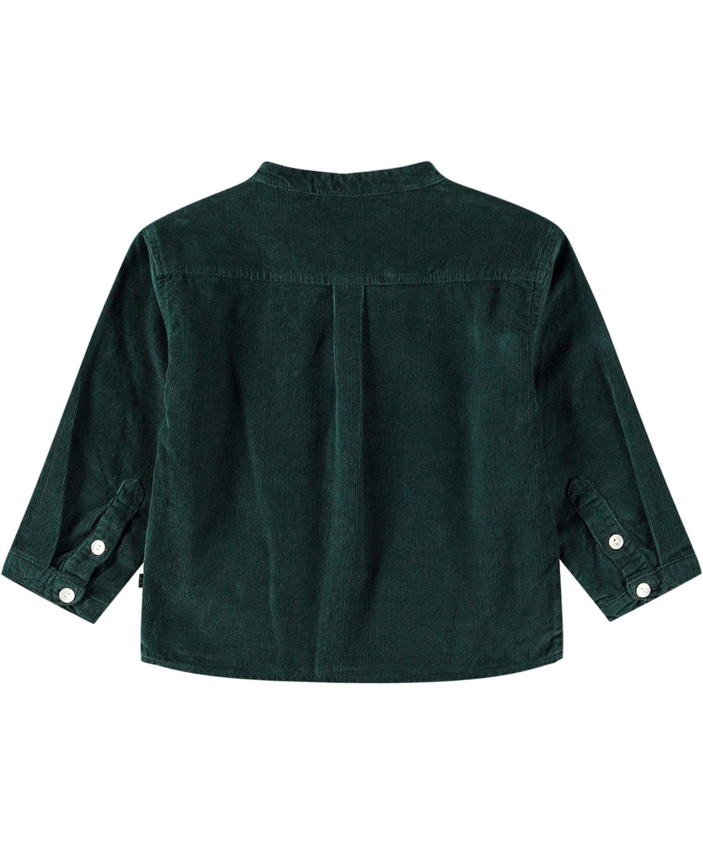Enoz - Ponderosa Pine - Donkergroene biologisch katoenen blouse voor baby's en peuters met een opstaande kraag en knoopsluiting.