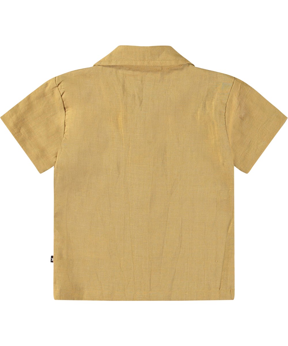 Eyou - Suede - Babyblouse met korte mouwen van biologisch katoen. De blouse is bruin met een geborduurde smiley.