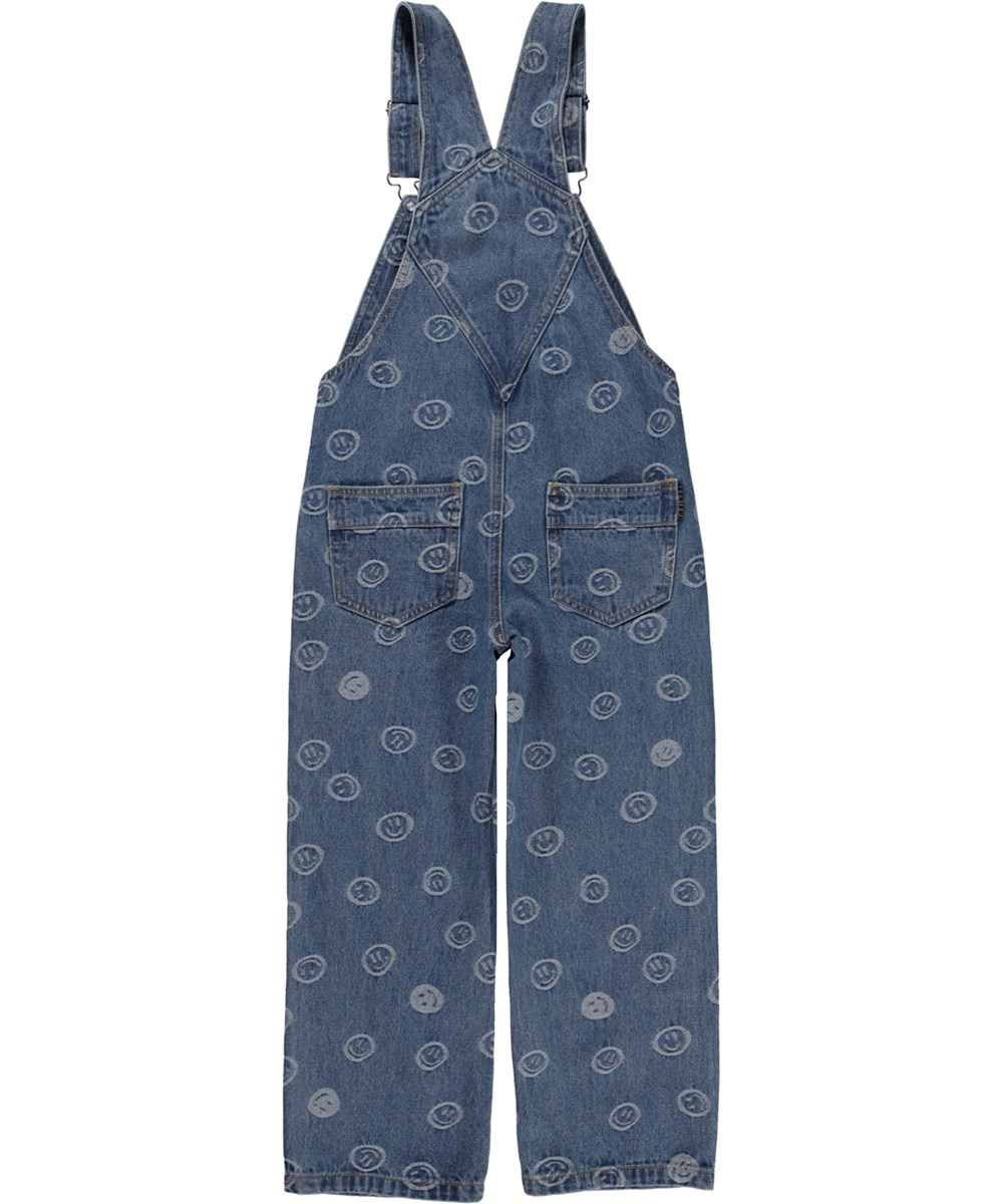Aer - Blue Happiness - Blue denim dungarees with smiley faces