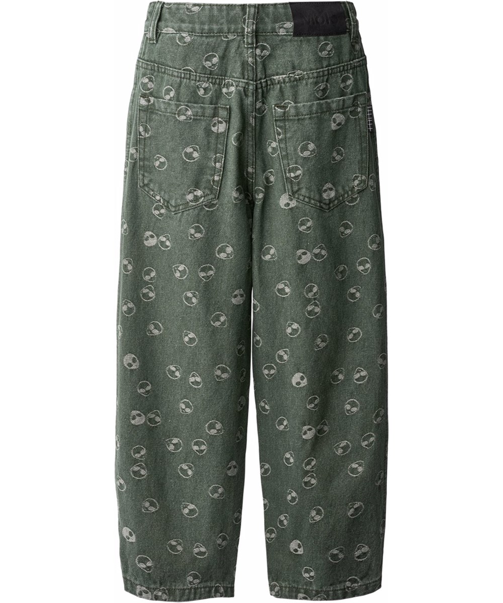 Aiden - Aliens - Green denim jeans for children made of cotton with jacquard-woven aliens.