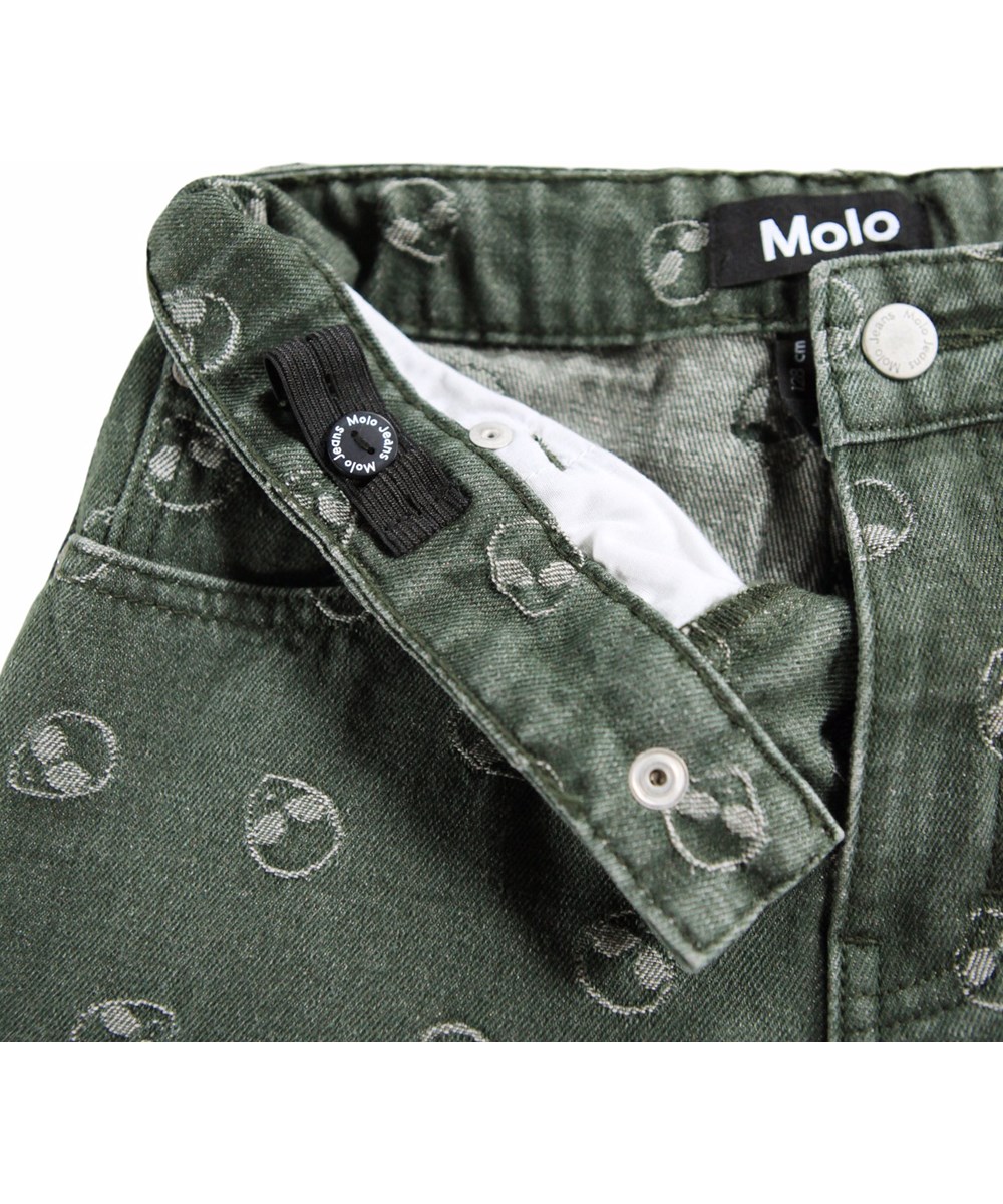 Aiden - Aliens - Green denim jeans for children made of cotton with jacquard-woven aliens.