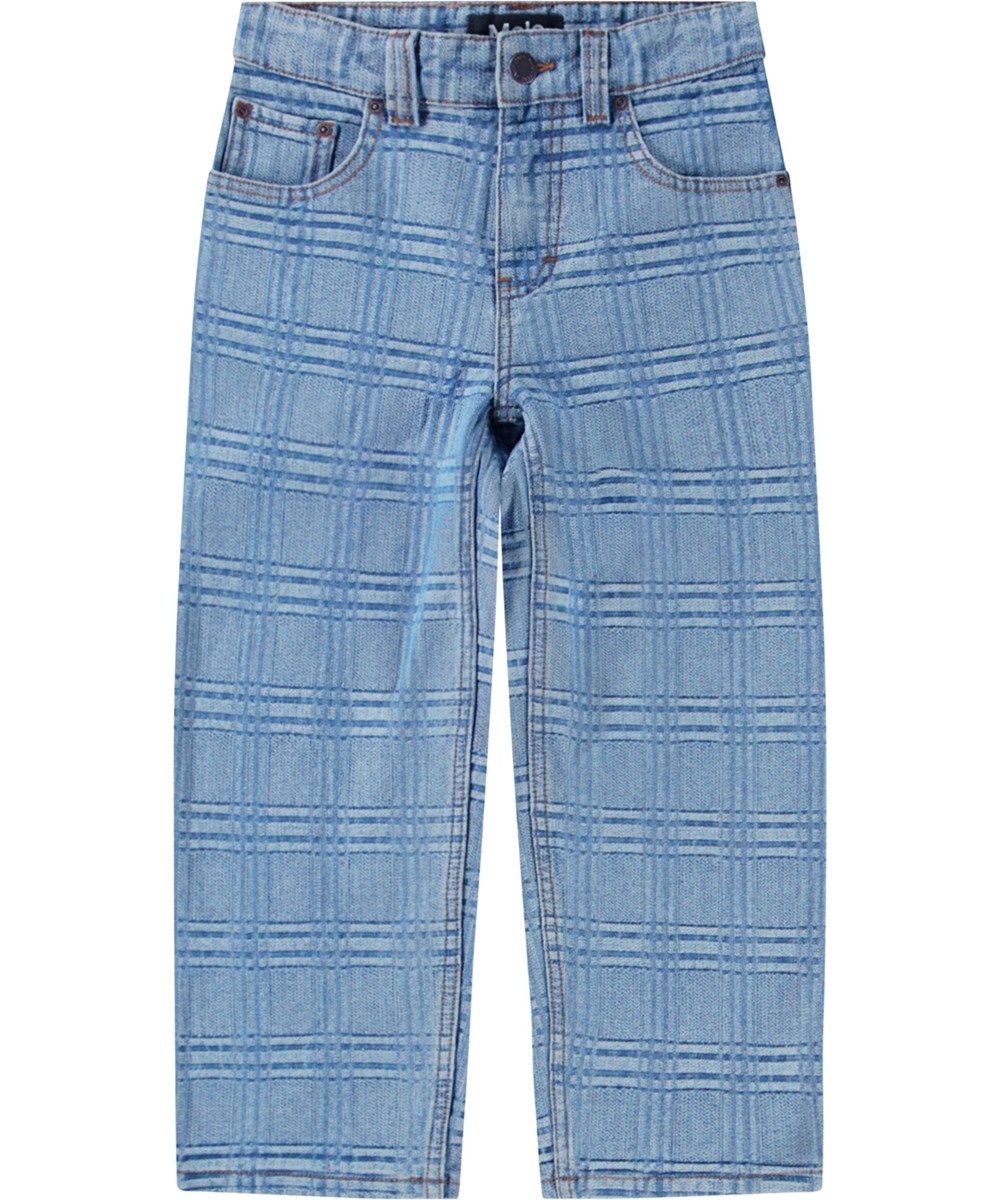 Aiden - Washed Check - Blue denim jeans in organic cotton for children. Woven in a checked pattern.