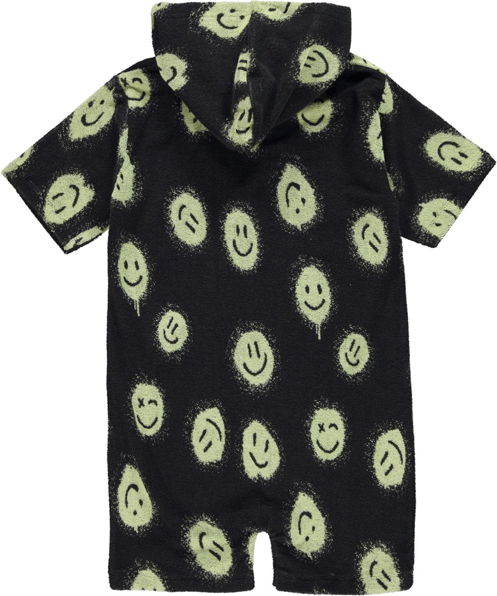 Mason - Happy Sunny - Black terry suit with smiley faces and hood 