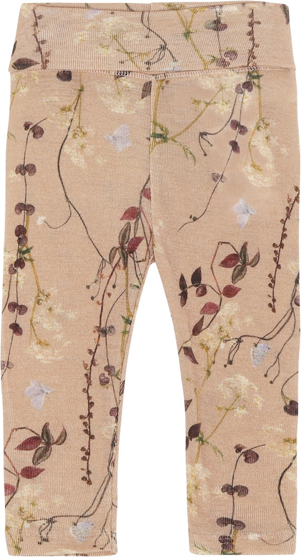 Sabi - Delicate Branches - Wool baby trousers in rose with a print of flower garlands