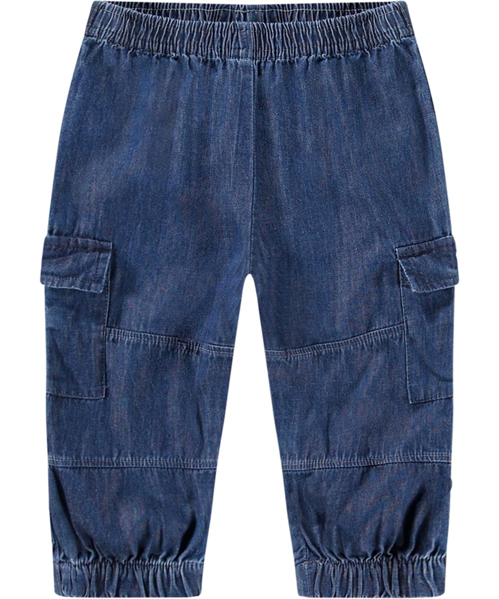 Sae - Mid Blue Wash - Soft organic cotton chambray cargo trousers for little ones.