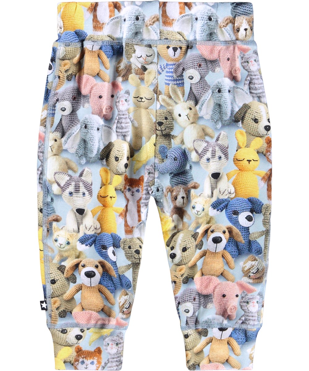 Sammy - Crochet Cuties - Light blue pants for the little ones made of soft organic cotton jersey with a print of crocheted teddy bears.