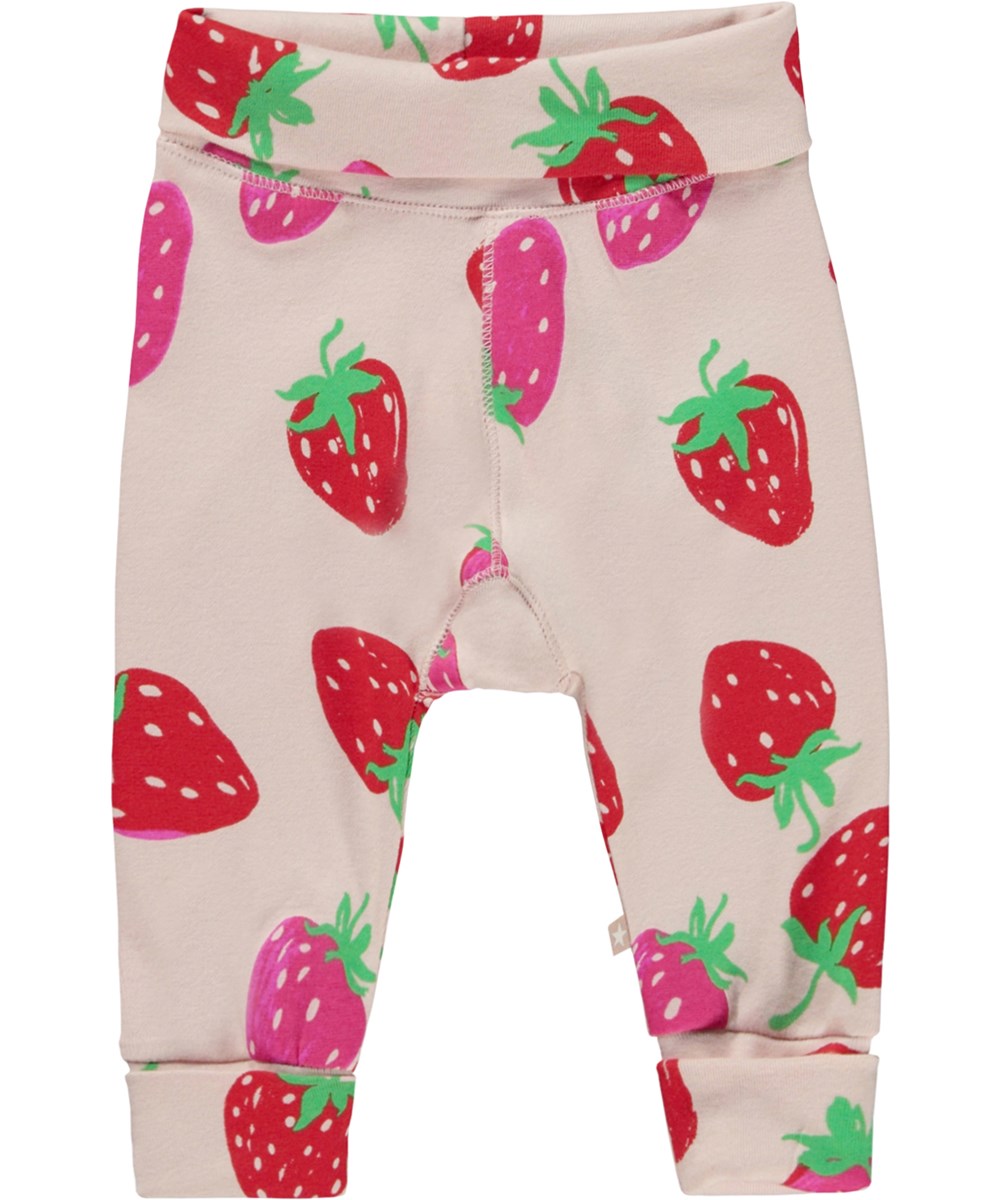 San - Strawberries Mini - Pink baby trousers with strawberry print
