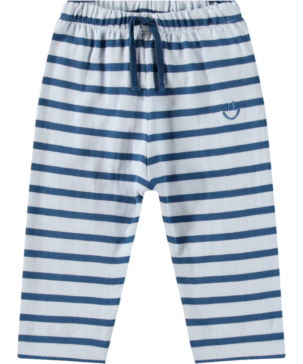 Saxon - Lagoa Stripe - Striped baby pants in organic cotton in shades of blue.