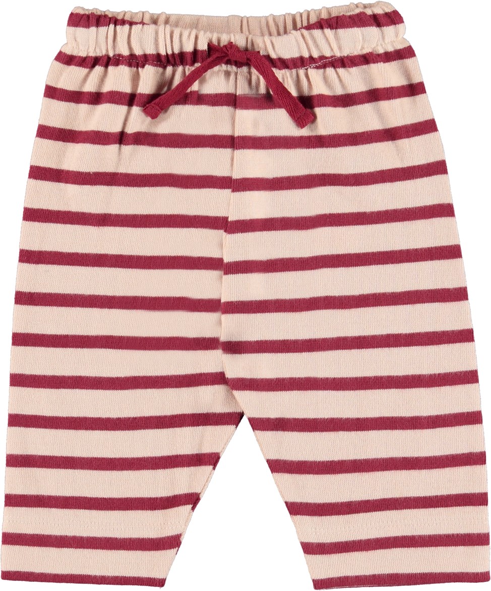 Saxon - Velvety Rose Stripe - Rose organic baby trousers with red stripes