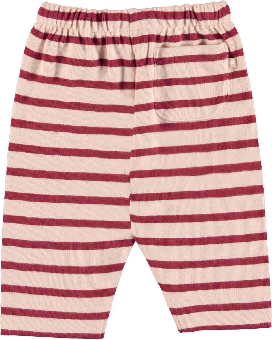 Saxon - Velvety Rose Stripe - Rose organic baby trousers with red stripes