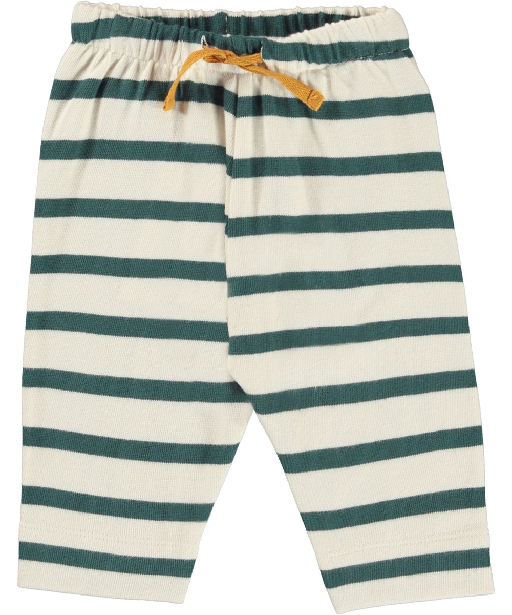 Saxon - Wild Ivory Stripe - White organic baby trousers with green stripes