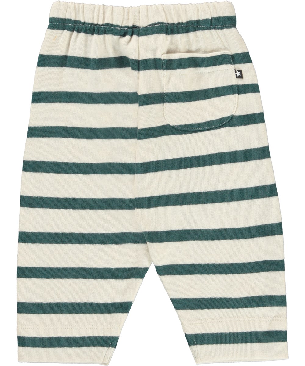 Saxon - Wild Ivory Stripe - White organic baby trousers with green stripes
