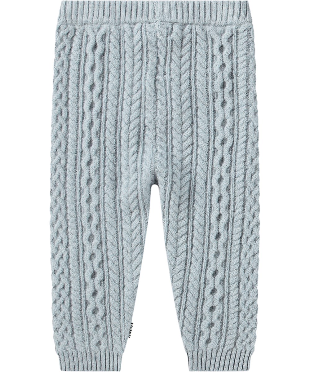Sedge - Dusty Blue - Light blue wool trousers for kids in cable knit with elastic waist and ribbed cuffs.