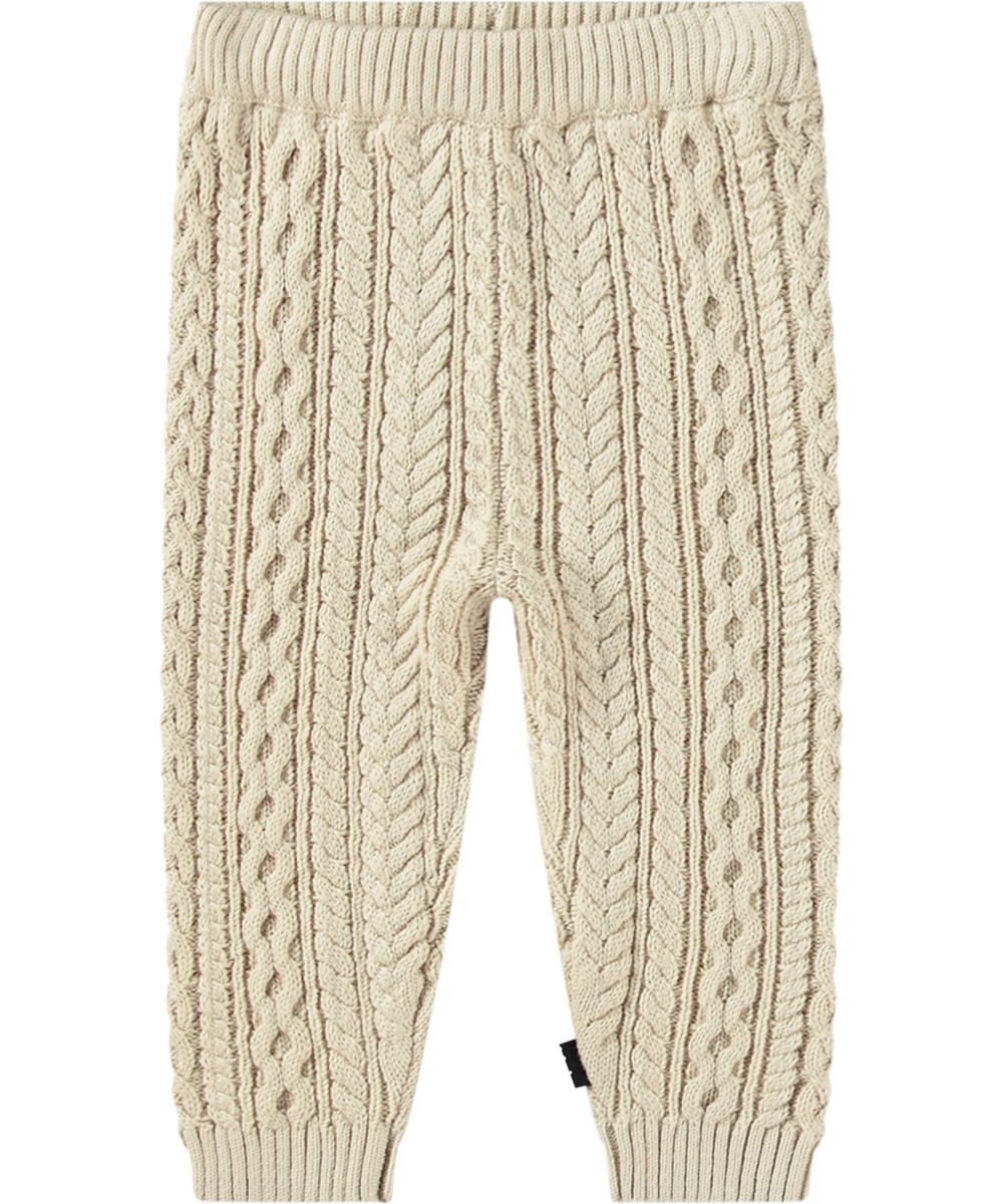 Sedge - White Noise - Off-white cable knit trousers with elastic waistband and ribbed cuffs.