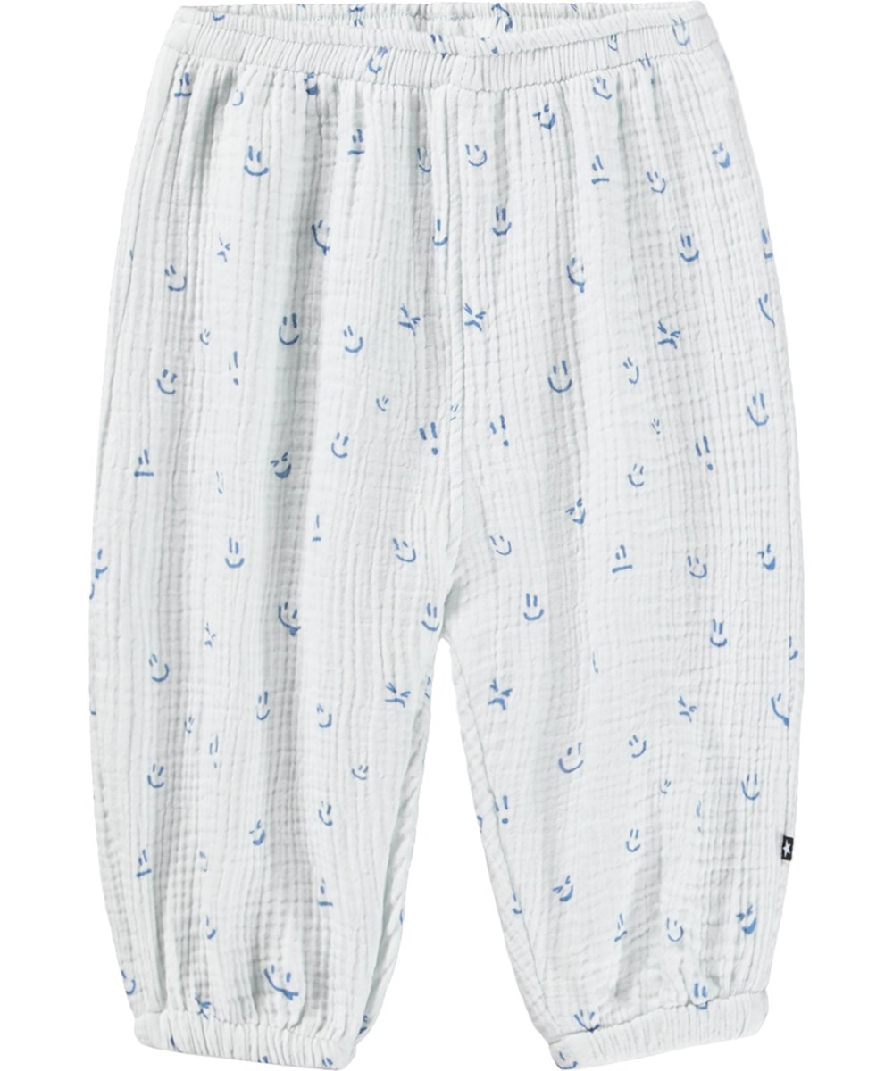 Serene - Blue Vibes - Soft, blue trousers for the little ones made of organic cotton with a happy print 