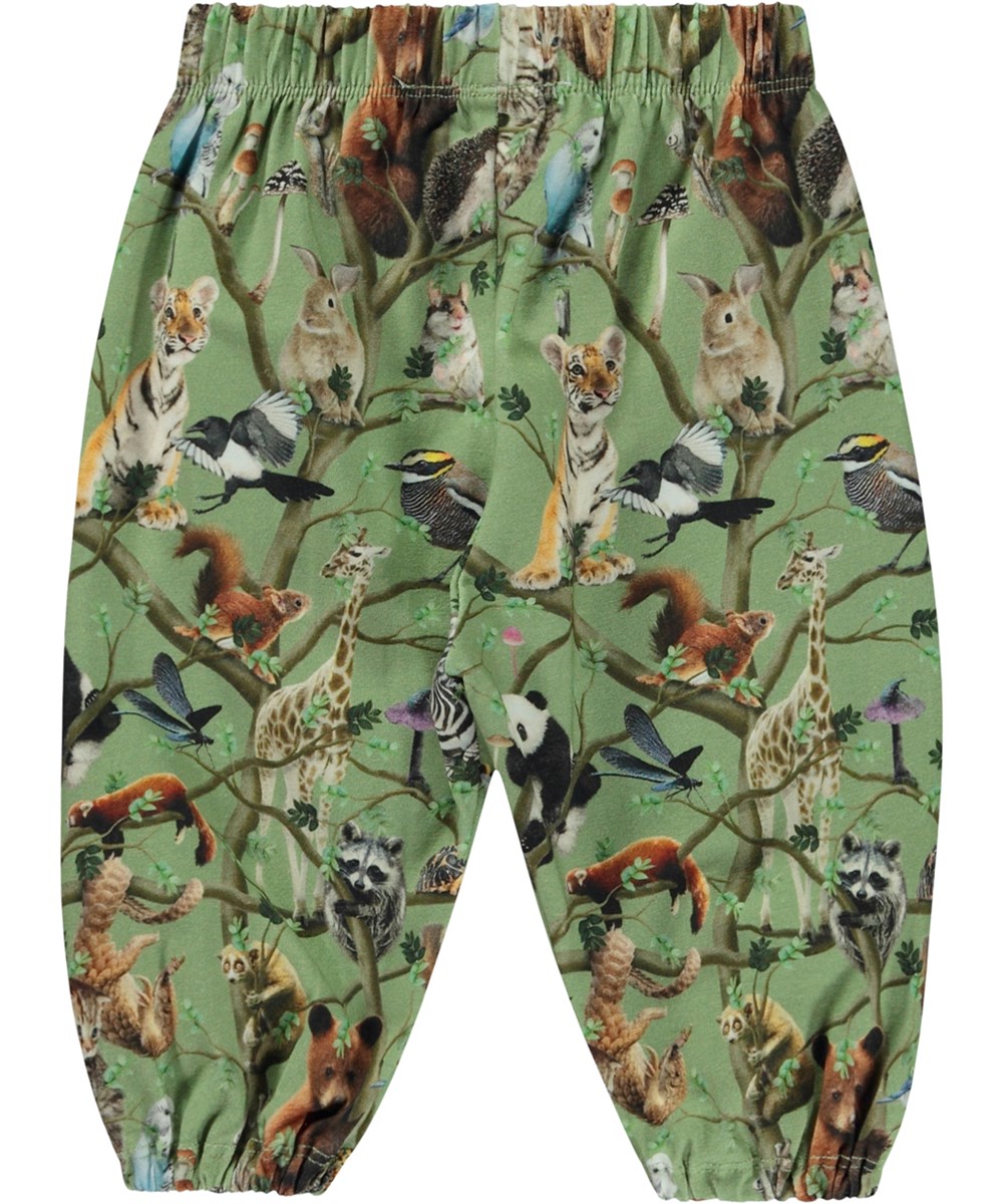 Serene - Living Tree - Green organic baby trousers with animal print 