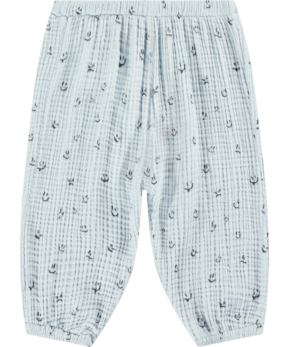 Serene - Moods - Light blue pants for babies and children in organic waffle cotton with a loose fit, elastic waist, and legs.