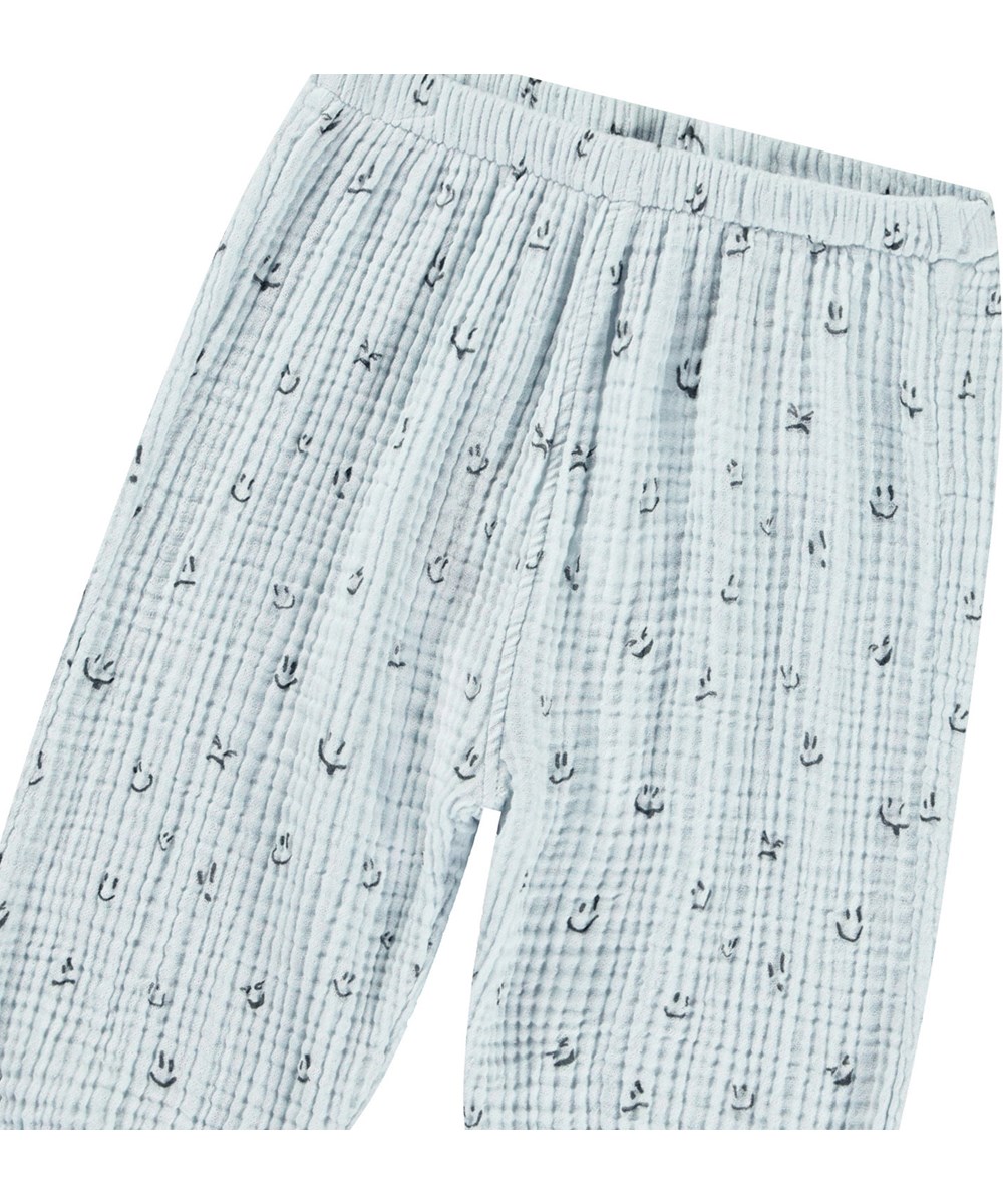 Serene - Moods - Light blue pants for babies and children in organic waffle cotton with a loose fit, elastic waist, and legs.