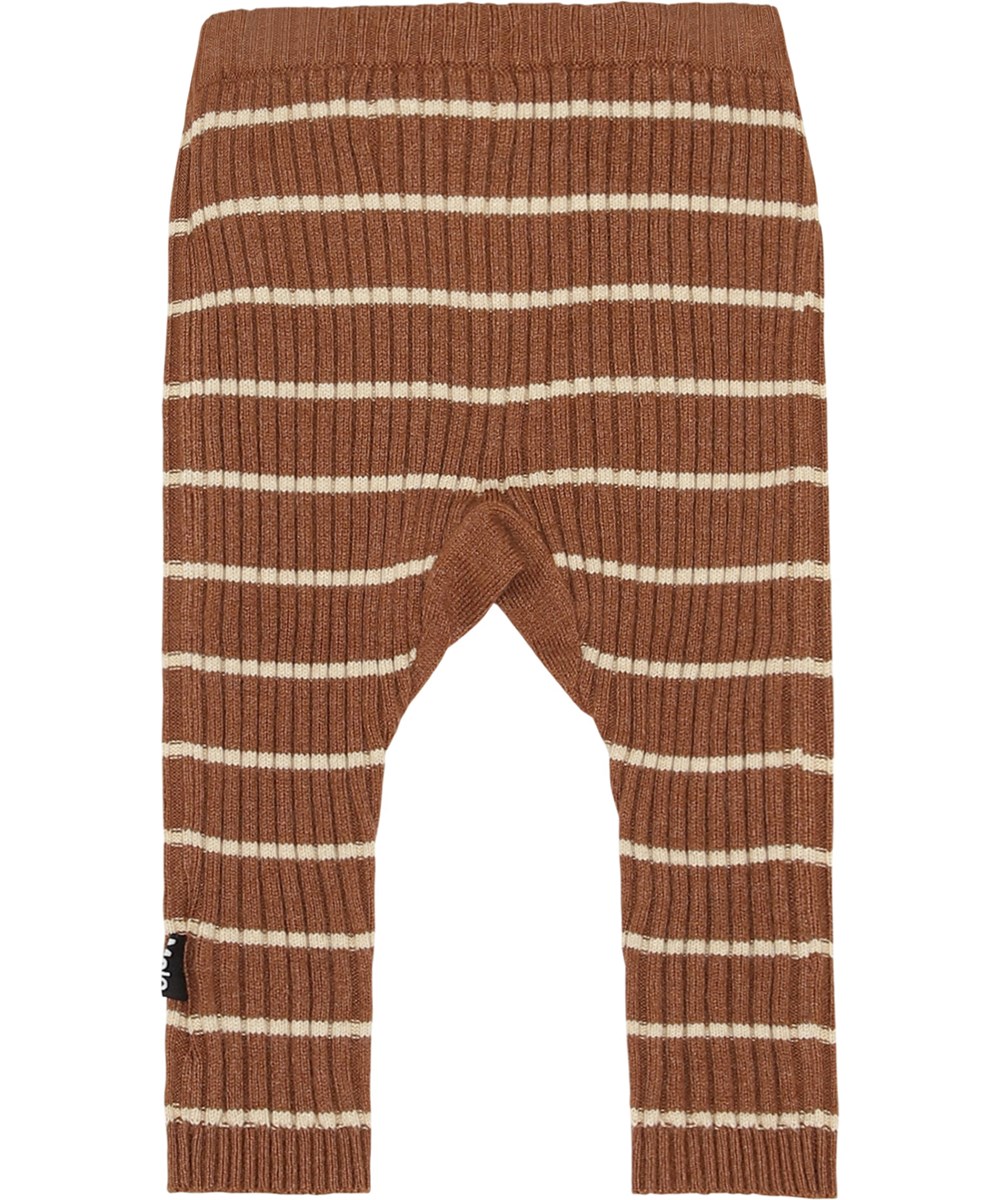 Sigmund - Tawny Stripe - Knit baby trousers in brown with white stripes 