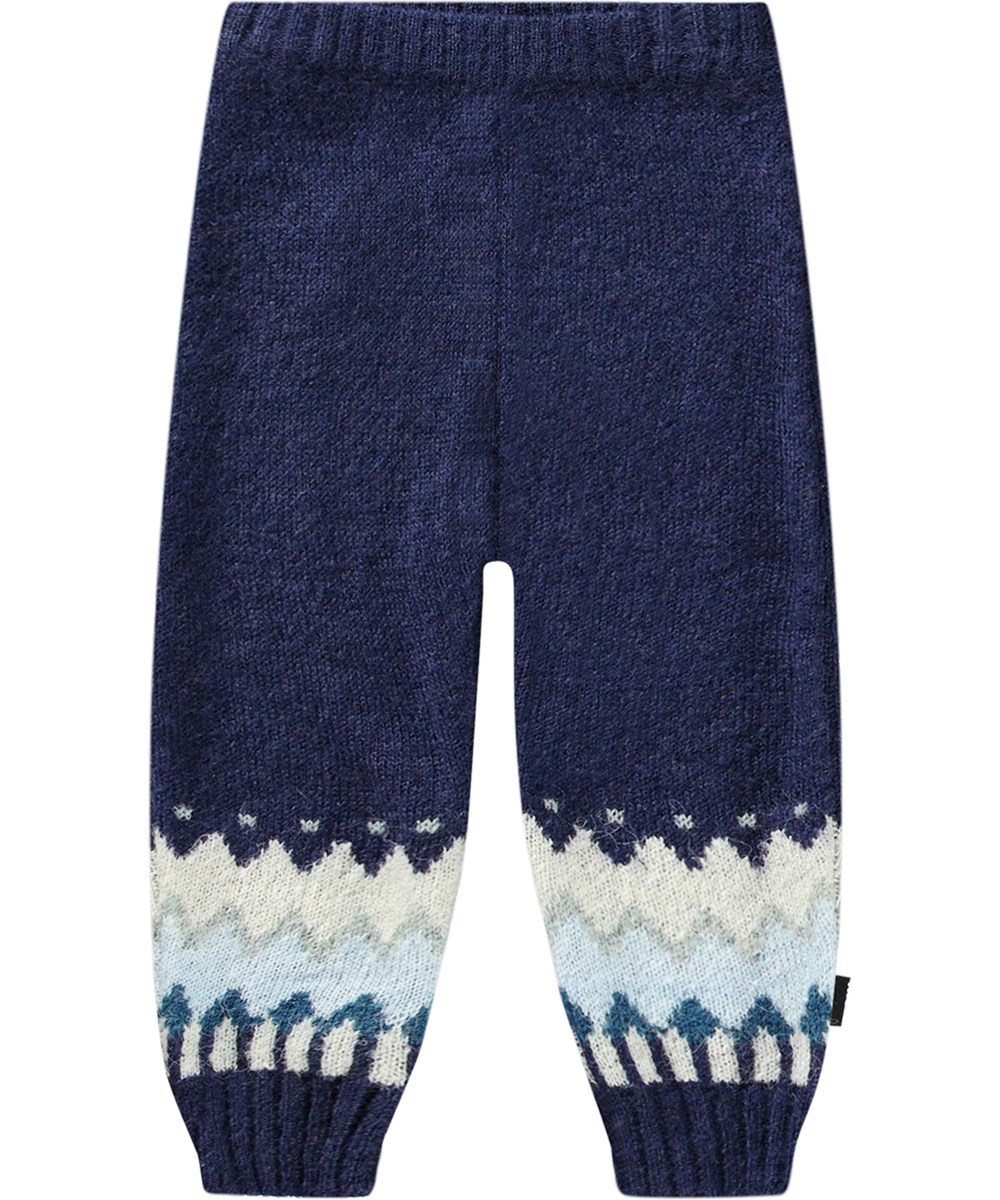 Signy - Blues - Soft wool blend dark blue knitted trousers with Nordic-inspired pattern.