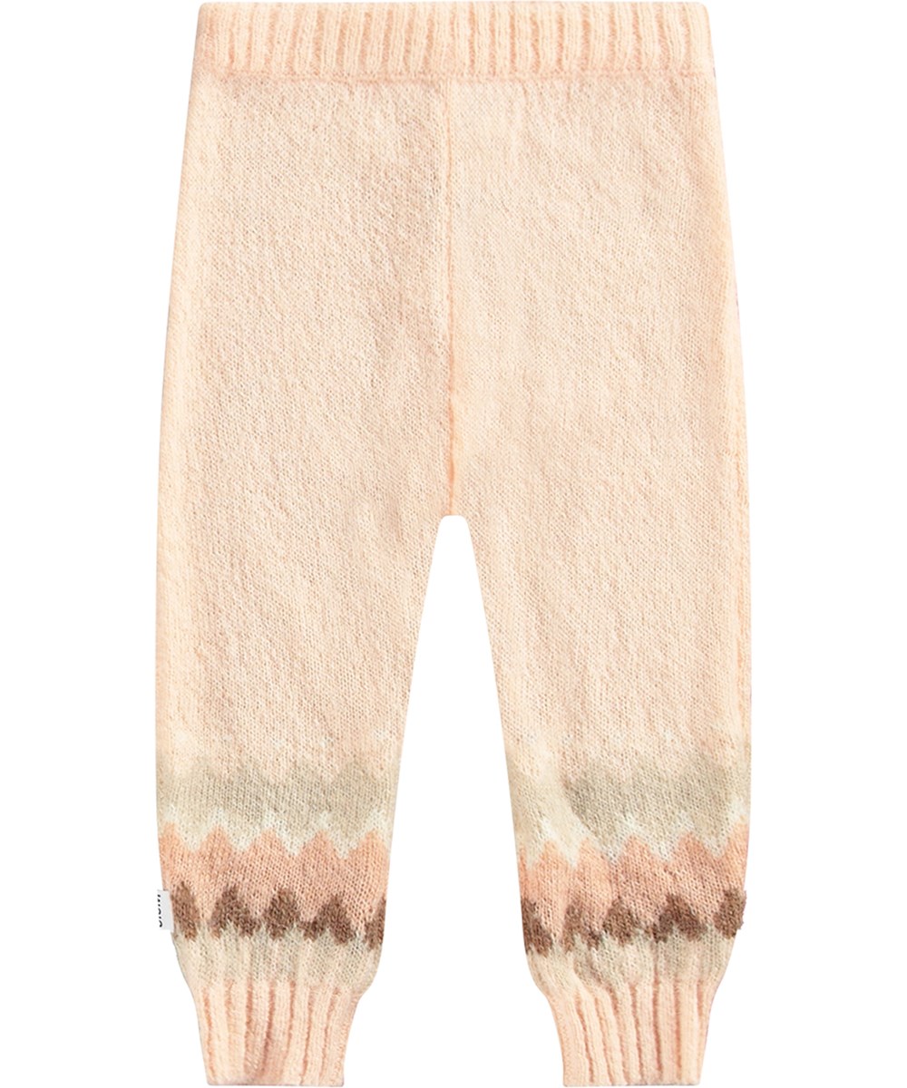 Signy - Petal Blush - Pink wool blend knitted trousers with Nordic-inspired pattern and ribbing.