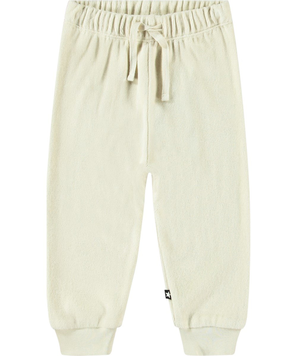 Sigo - White Noise - Off-white organic cotton velour sweatpants with elastic waistband and drawstring.