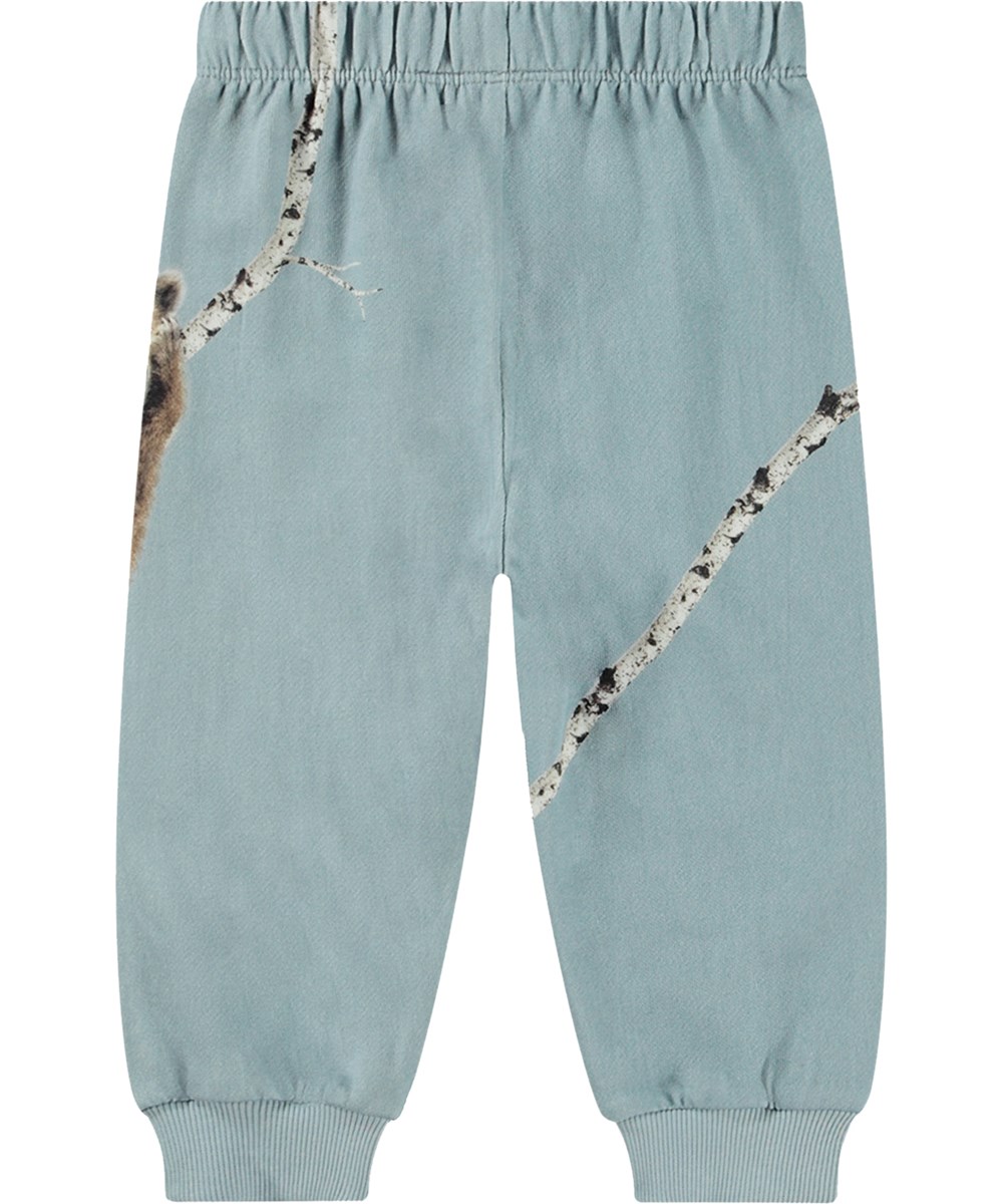Simeon - Birch Bears - Light blue organic cotton joggers with elastic waistband and print.