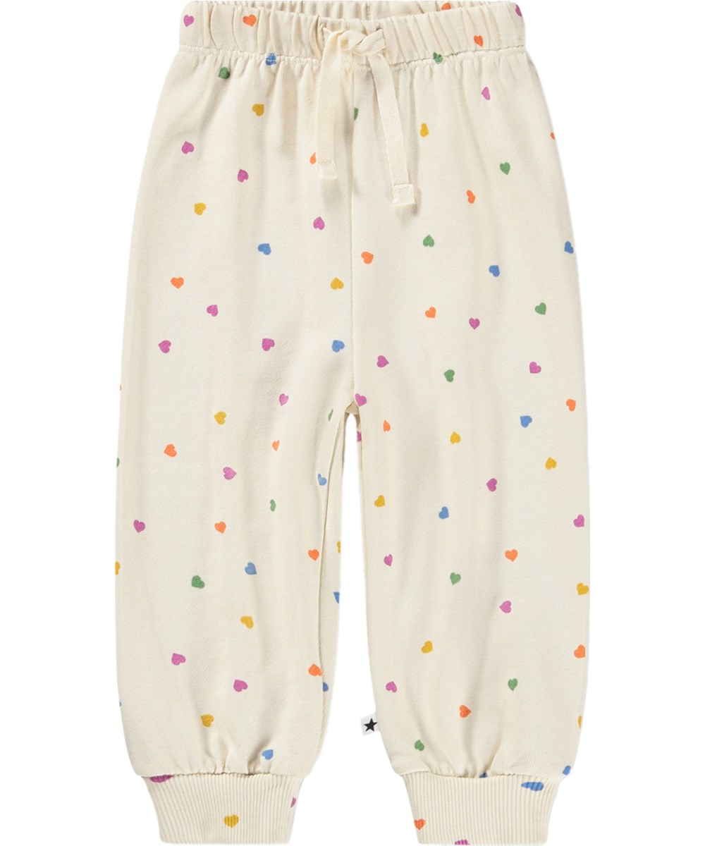 Simeon - Confetti_Rainbow - Soft, white sweatpants for the little ones made of organic cotton witha heart print