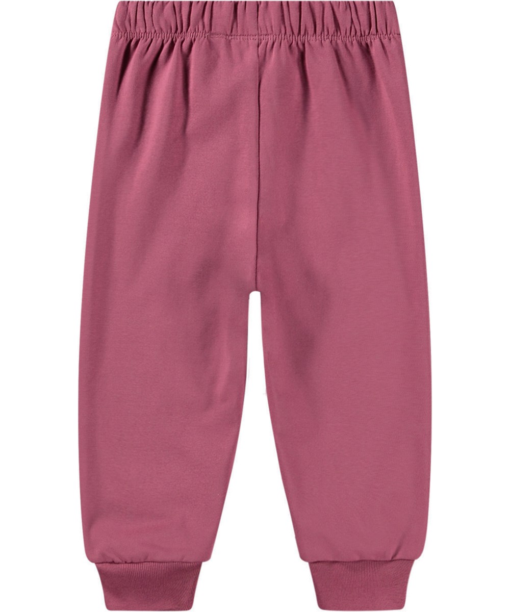 Simeon - Dark Rose - Pink organic cotton joggers with elastic waistband, ribbed cuffs, and smile print.