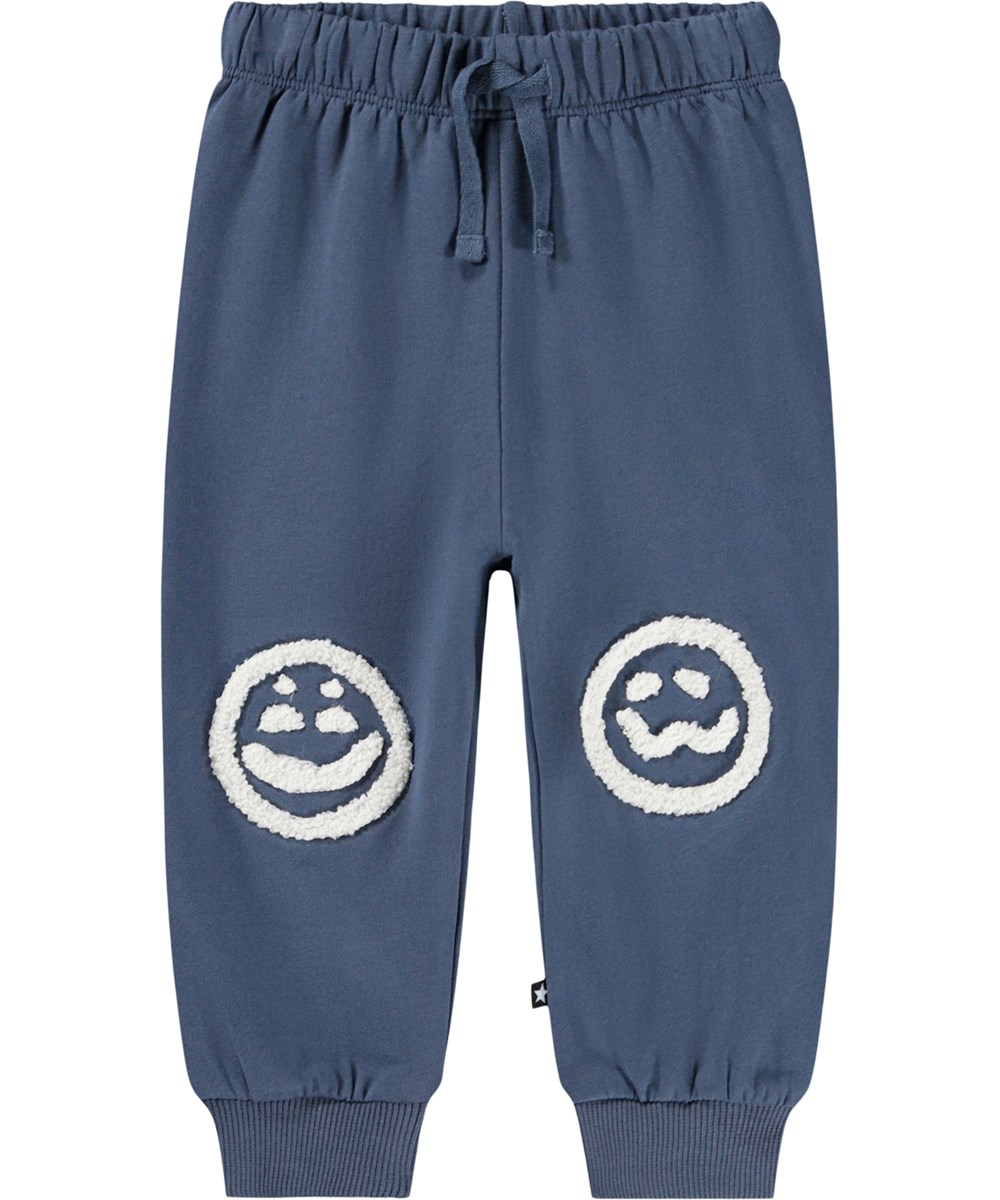 Simeon - Evening Sky - Soft dark blue pants for the little ones made of organic cotton with soft white faces on knees.