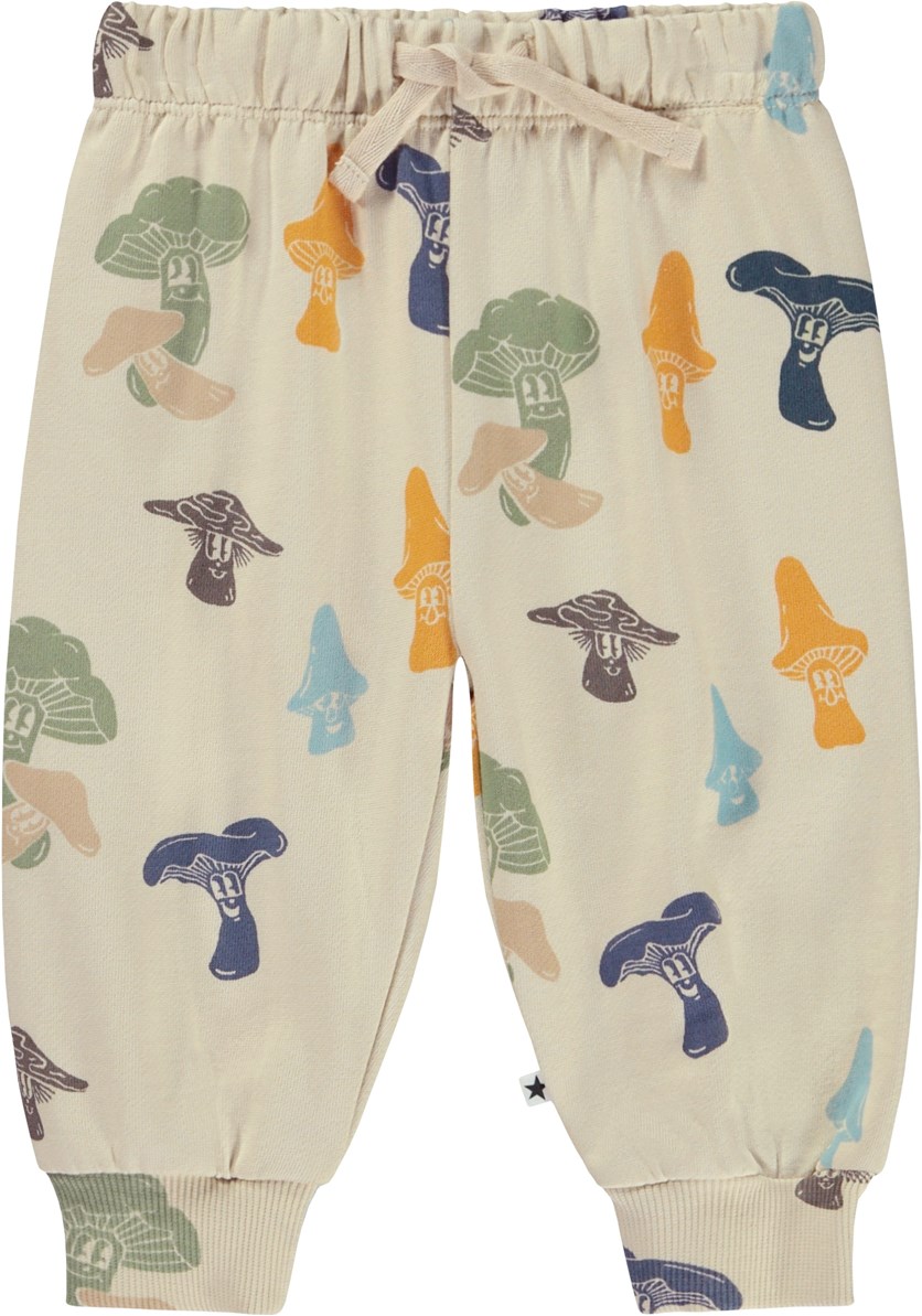 Simeon - Fungi Fun - Off-white organic baby trousers with cartoon mushroom print