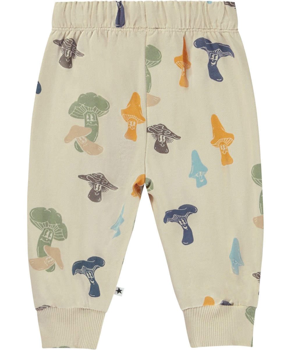 Simeon - Fungi Fun - Off-white organic baby trousers with cartoon mushroom print