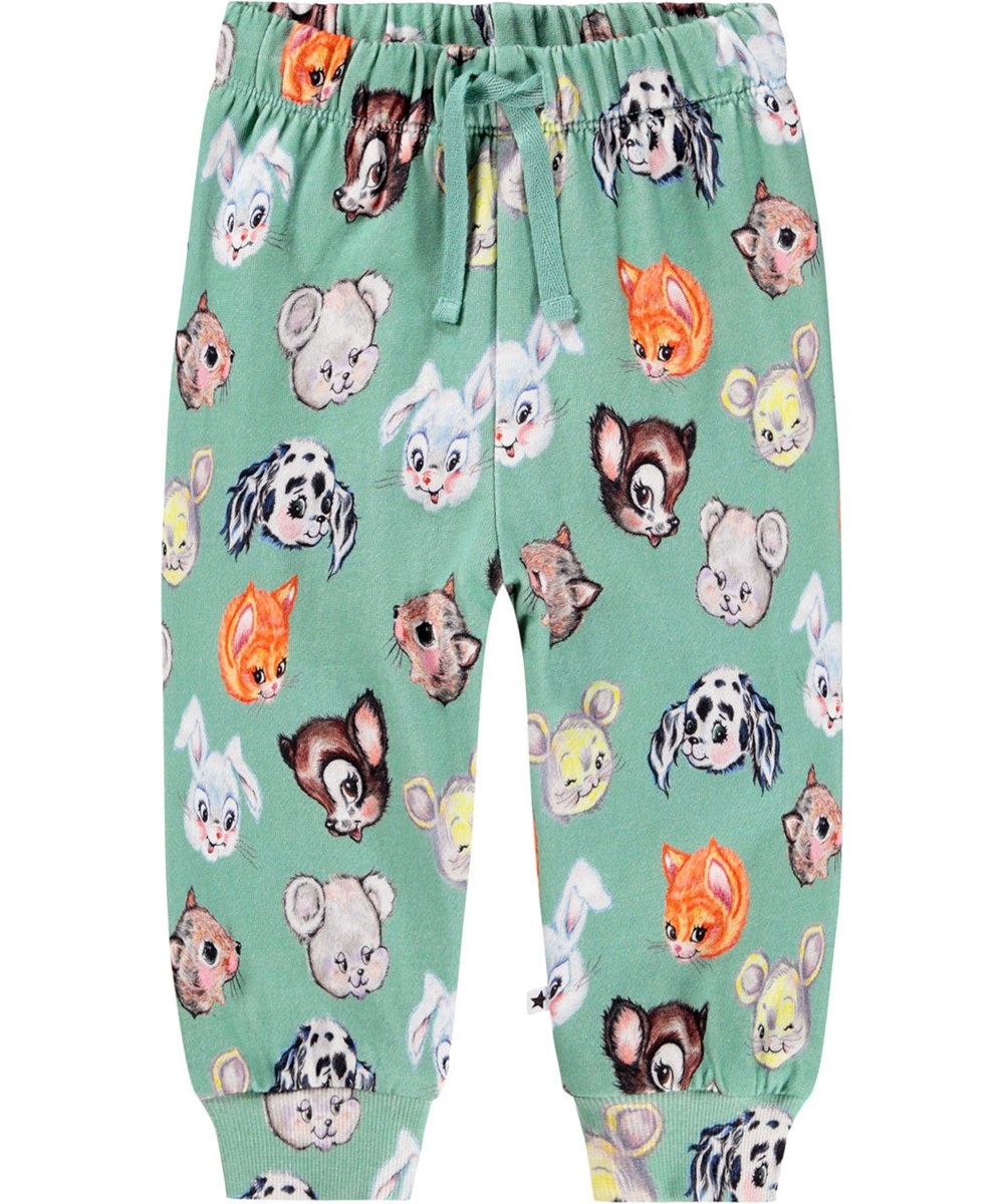 Simeon - Itty Bitty - Soft green pants for the little ones made of organic cotton with print of illustrated animals.