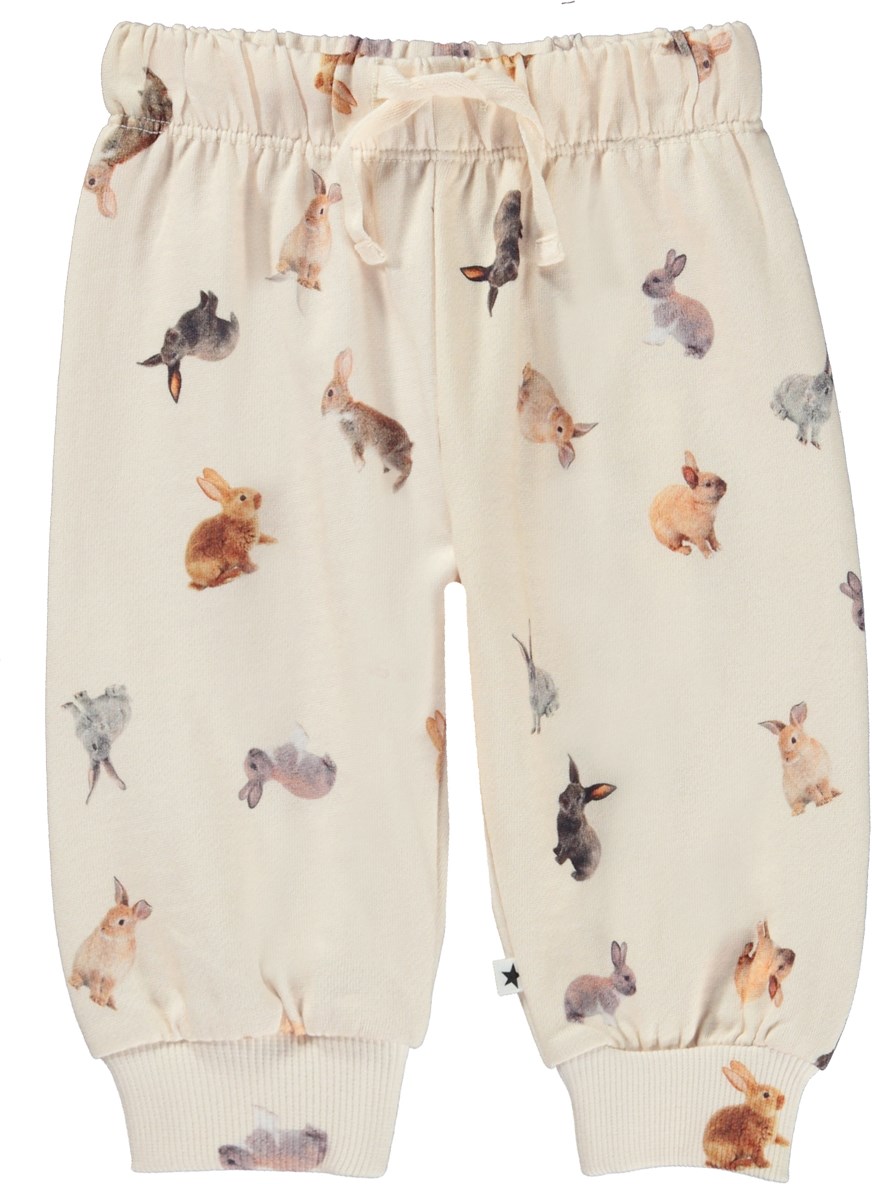 Simeon - Jumping Bunnies - Off-white organic baby trousers with bunny print
