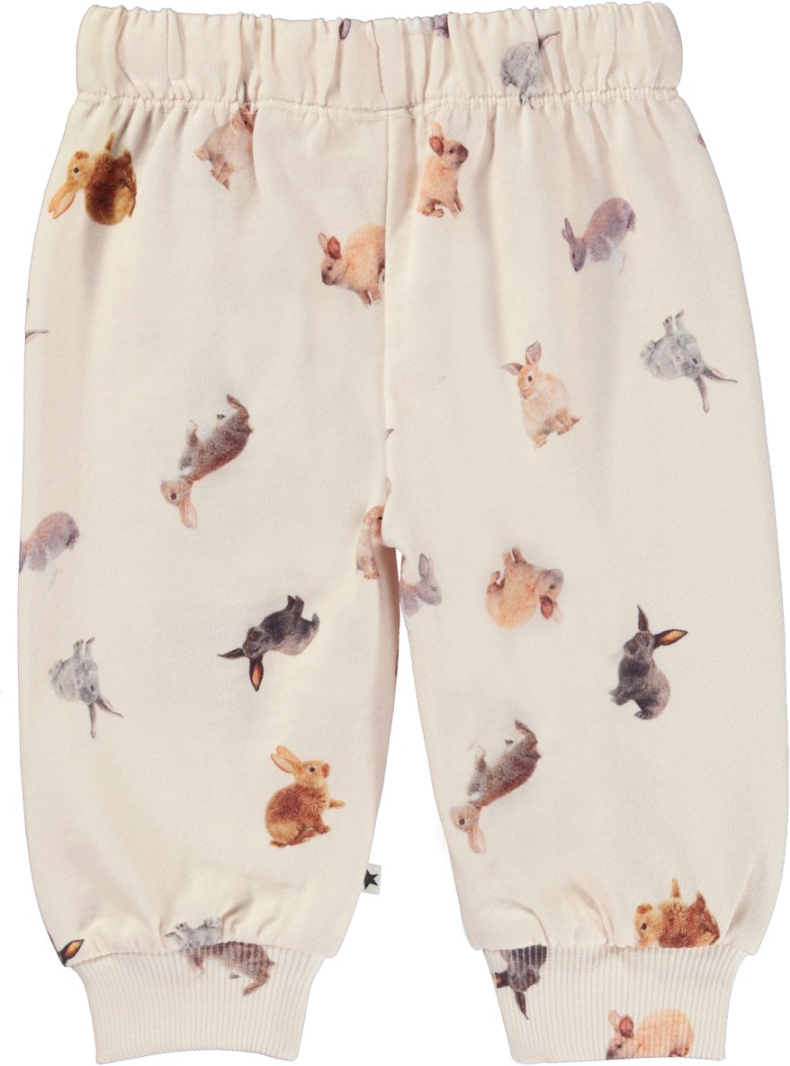 Simeon - Jumping Bunnies - Off-white organic baby trousers with bunny print
