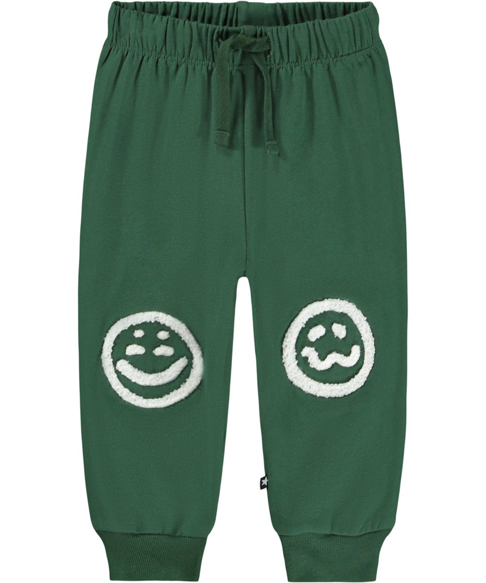 Simeon - Pine Tree - Soft green pants for the little ones made of organic cotton with soft white faces on knees.