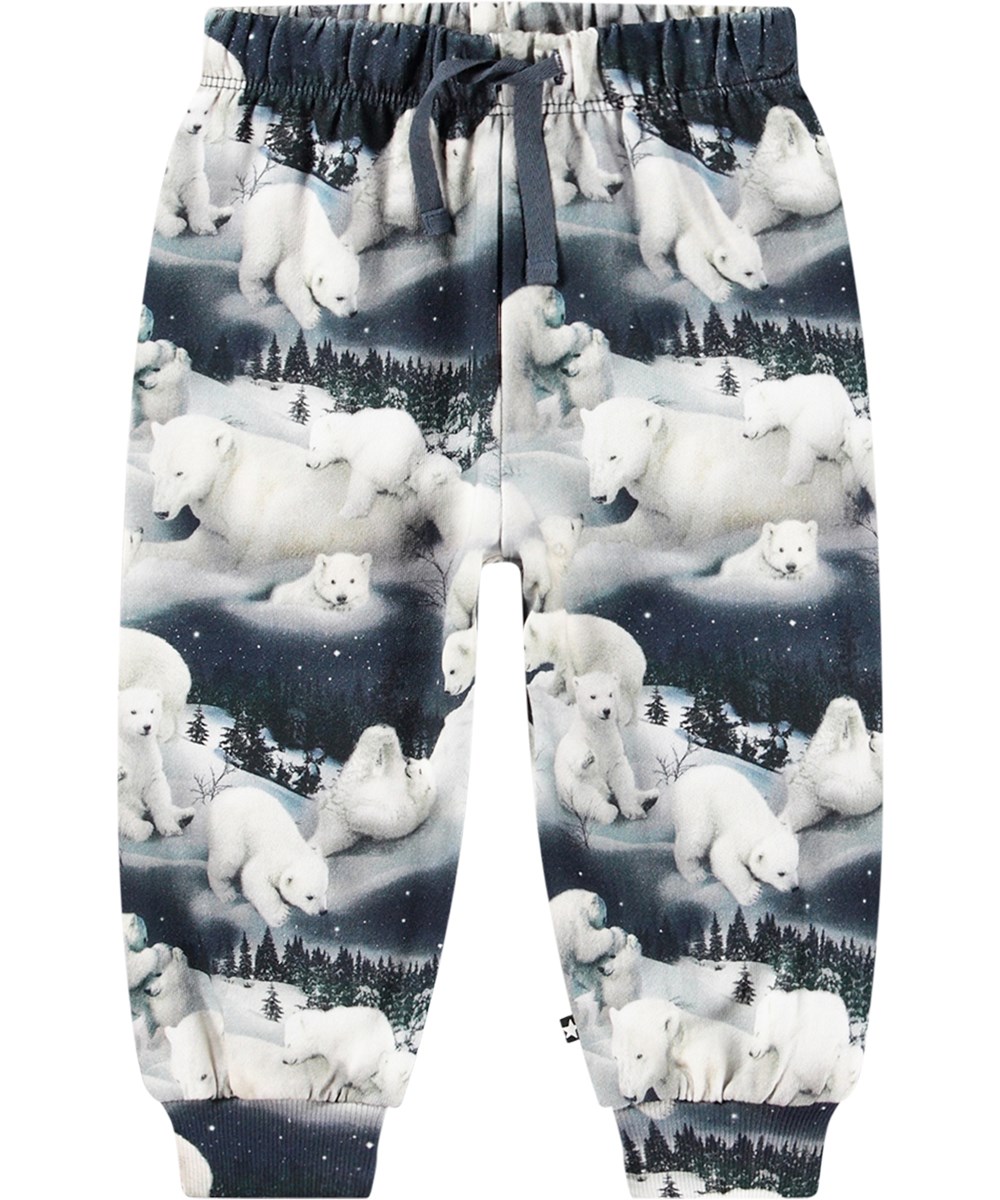 Simeon - Polar Bears - Dark blue organic cotton joggers with an all-over polar bear print.