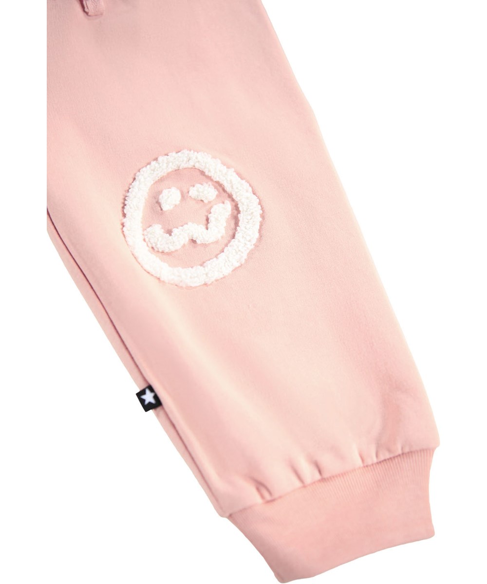 Simeon - Rose Cloud - Soft pink pants for the little ones made of organic cotton with soft white faces on knees.