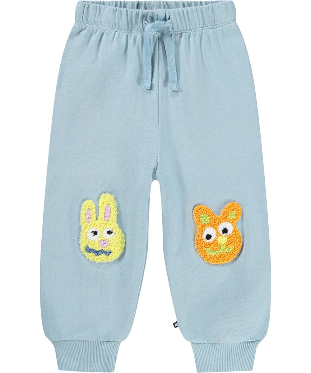 Simeon - Stream - Soft, blue sweatpants for the little ones made of organic cotton with funny knee patches