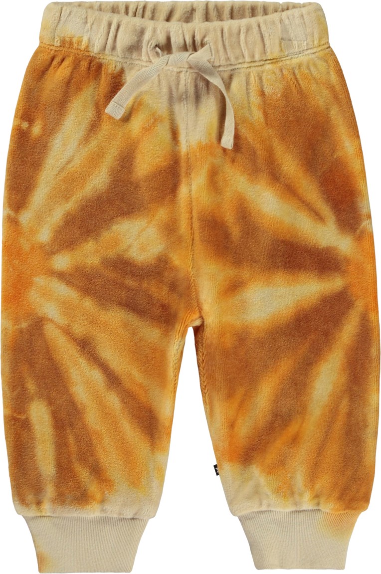 Simeon - Sun Tie Dye - Orange organic baby trousers in cotton velour in tie-dye