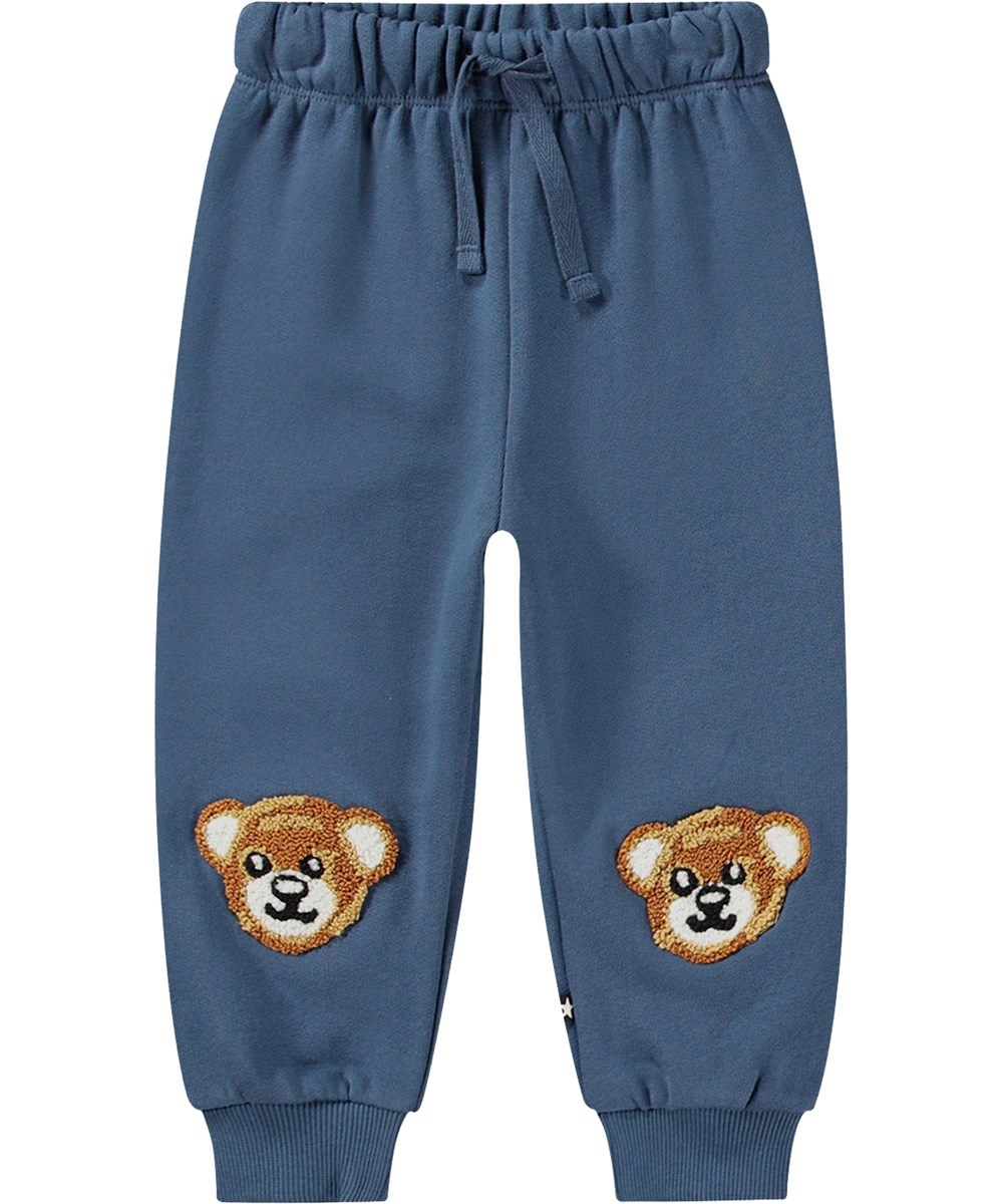 Simeon - Teddy Friend - Blue organic cotton joggers with brushed interior, elastic waistband, rib cuffs, teddy bear patches.