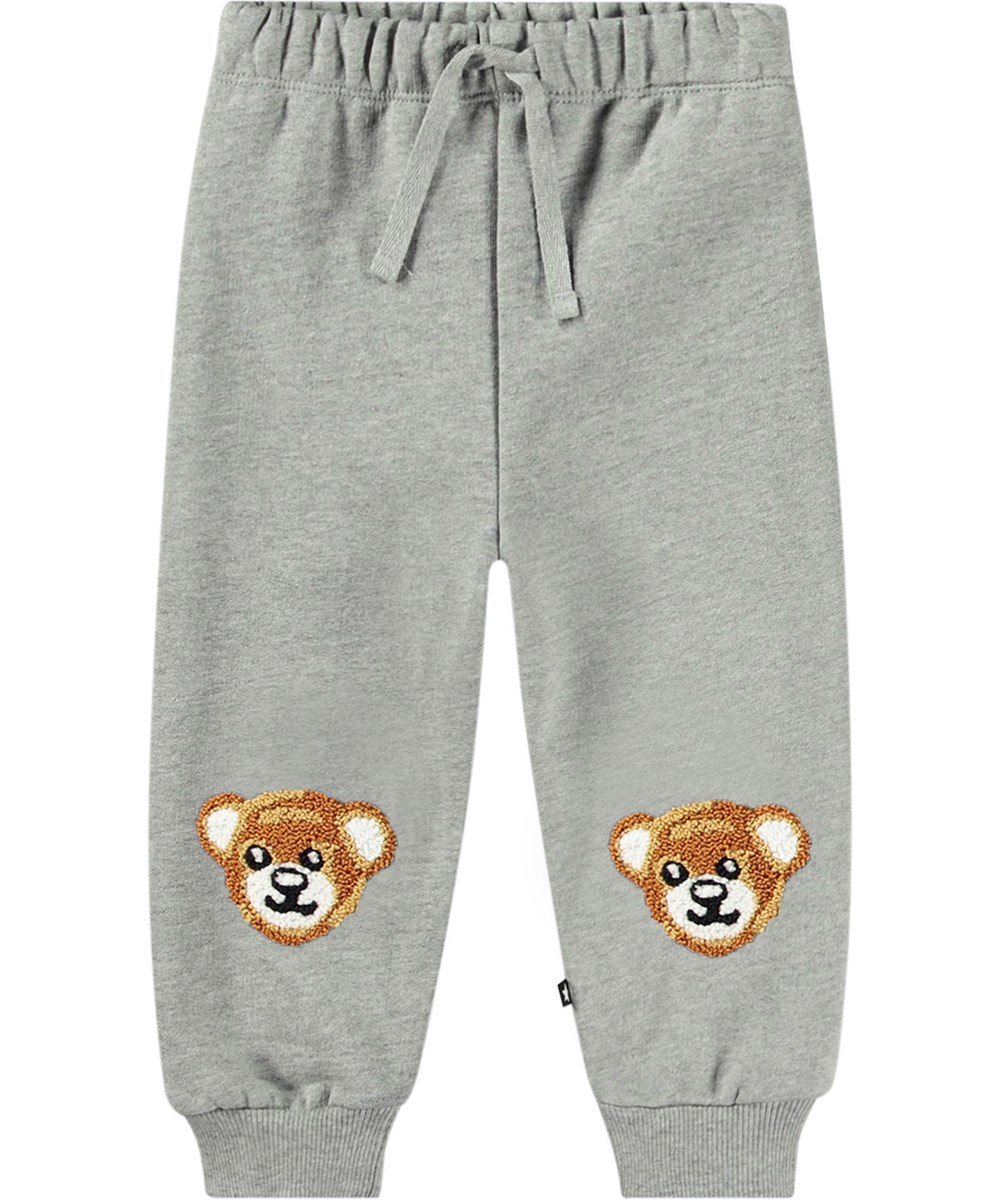 Simeon - Teddy Friend Grey - Grey organic cotton joggers with elastic waistband, rib cuffs, and teddy bear patches.