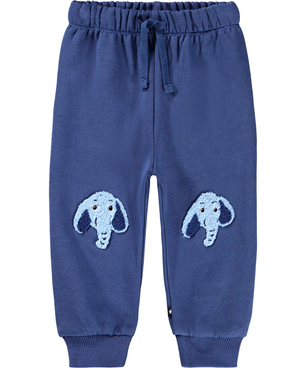 Simeon - Toy Elephant - Soft pants for the little ones made of organic cotton. The pants are dark blue with blue elephant teddies on the knees.