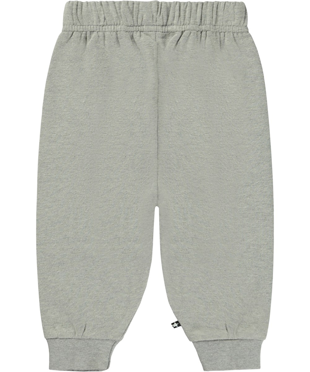 Simeon - Grey Melange - Grey organic baby trousers with smiley faces at the knees