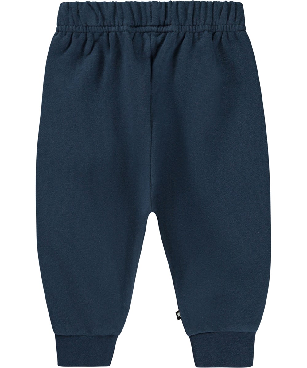 Simeon - Twilight - Blue organic baby trousers with a smiley face print on the knees 