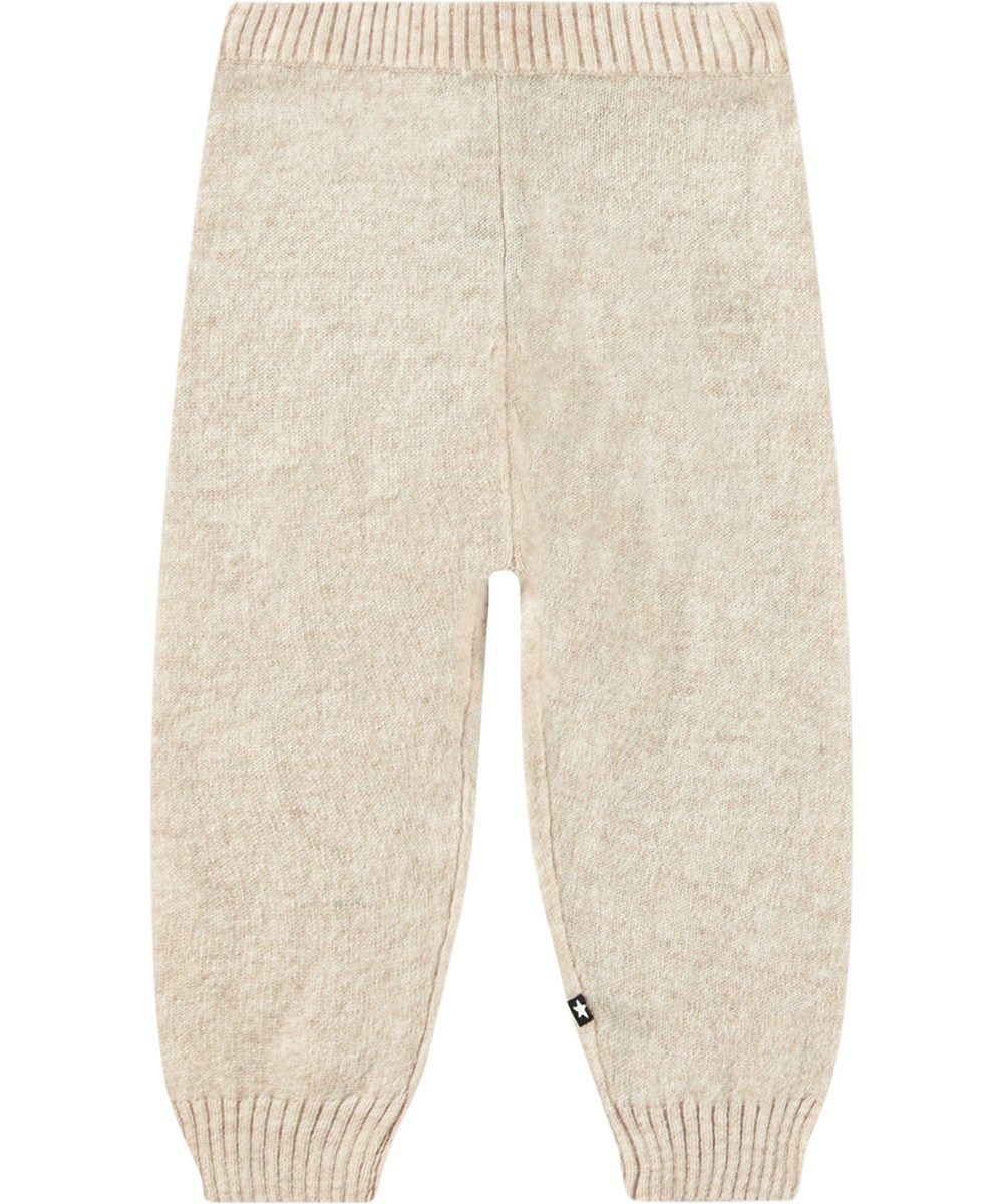 Simmer - Oatmeal Melange - Beige wool/cashmere knitted baby trousers with ribbed waist and legs.