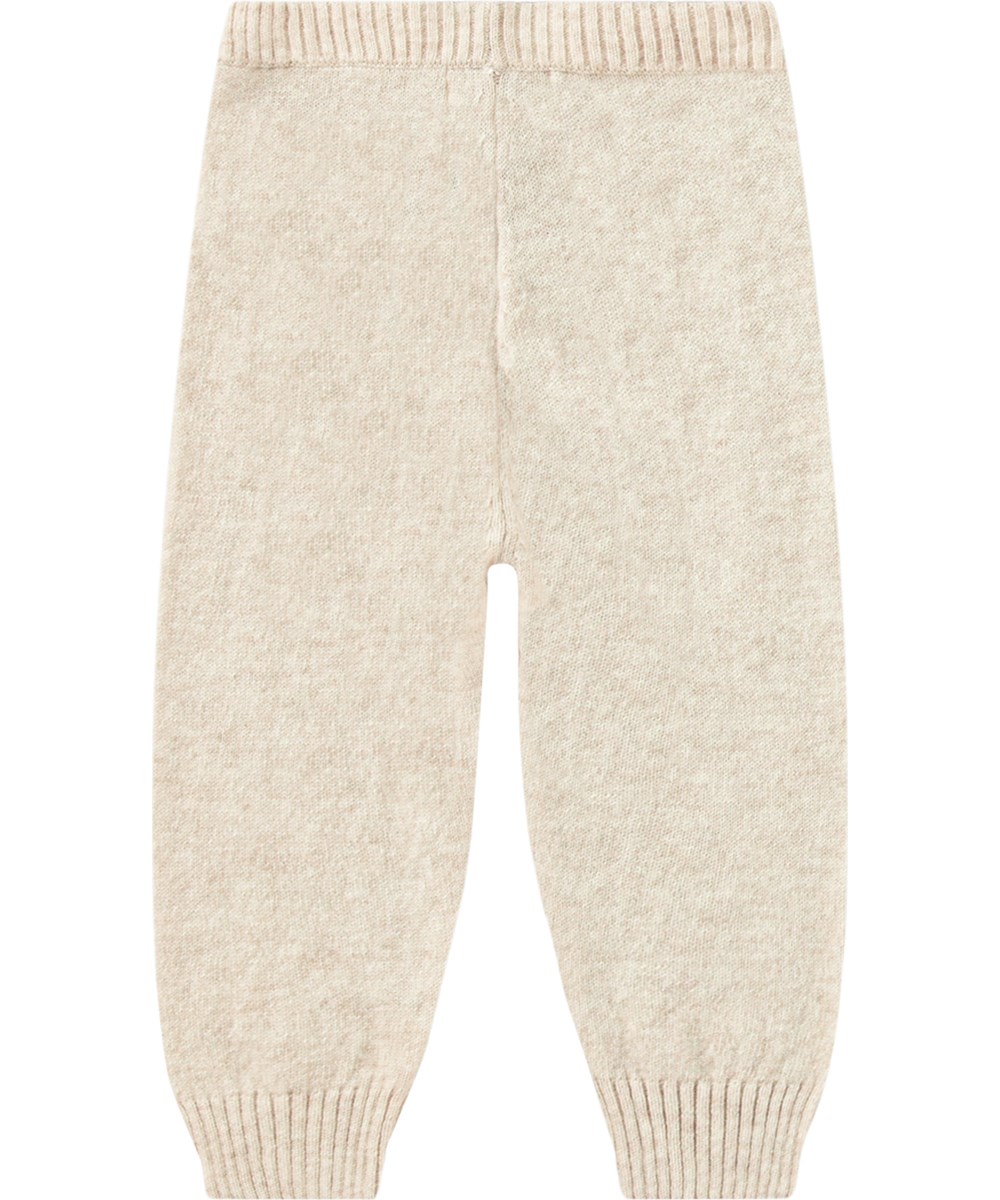 Simmer - Oatmeal Melange - Beige wool/cashmere knitted baby trousers with ribbed waist and legs.