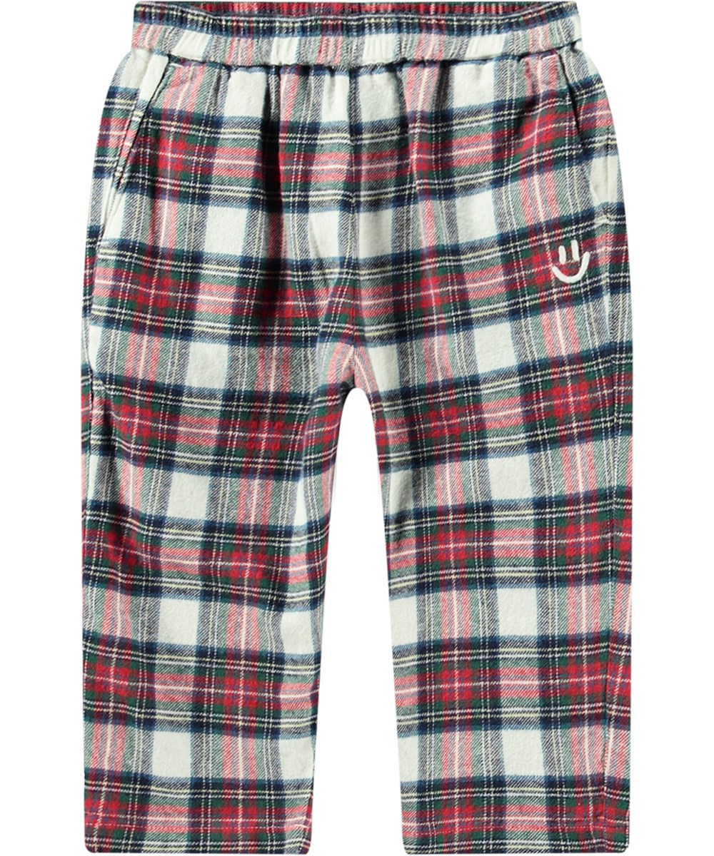 Sois - Pine Check - Red, black, and white plaid trousers for kids made of organic cotton.