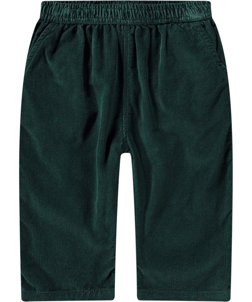 Sois - Ponderosa Pine - Soft dark green organic cotton trousers with loose fit and elastic waistband.