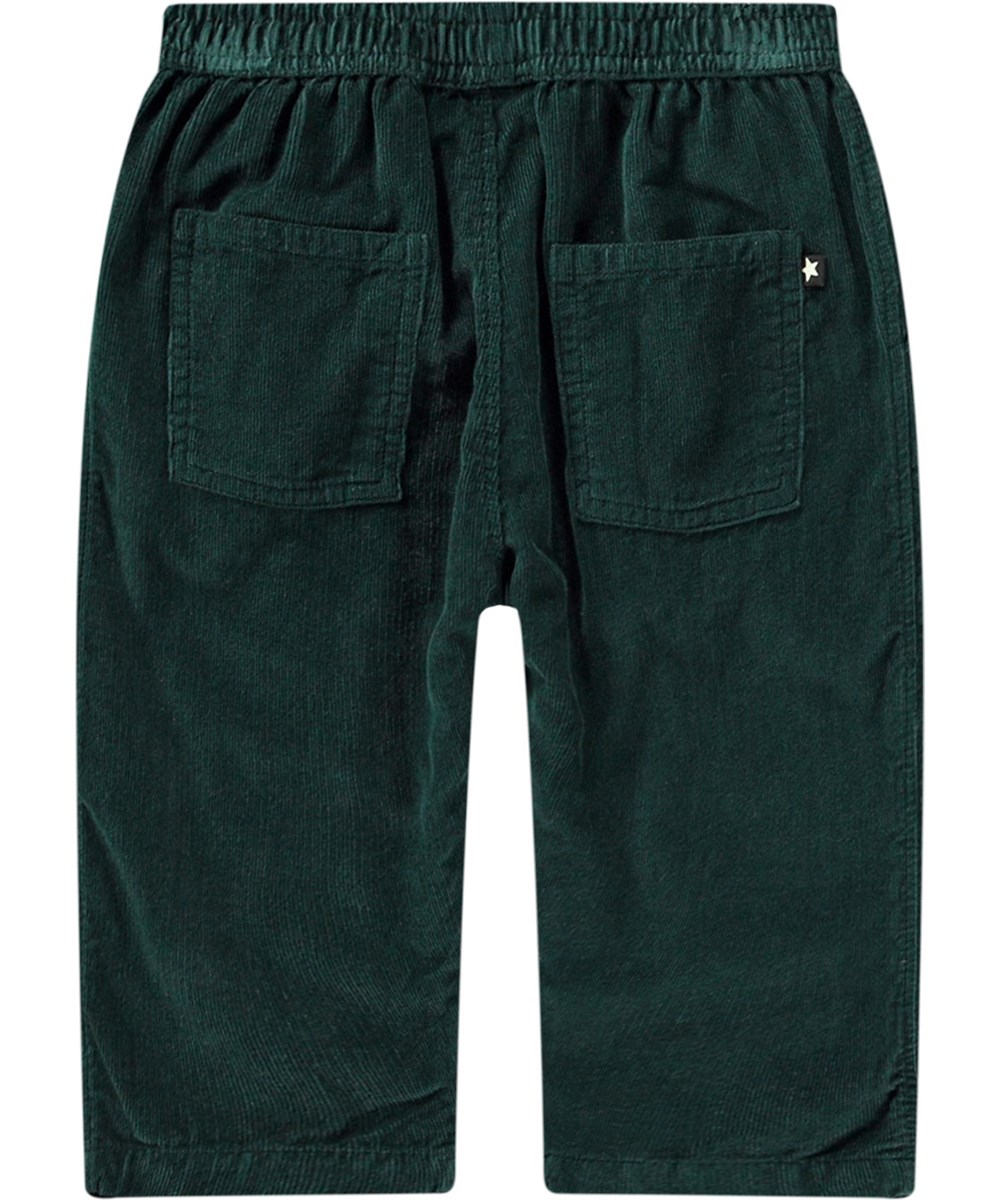 Sois - Ponderosa Pine - Soft dark green organic cotton trousers with loose fit and elastic waistband.